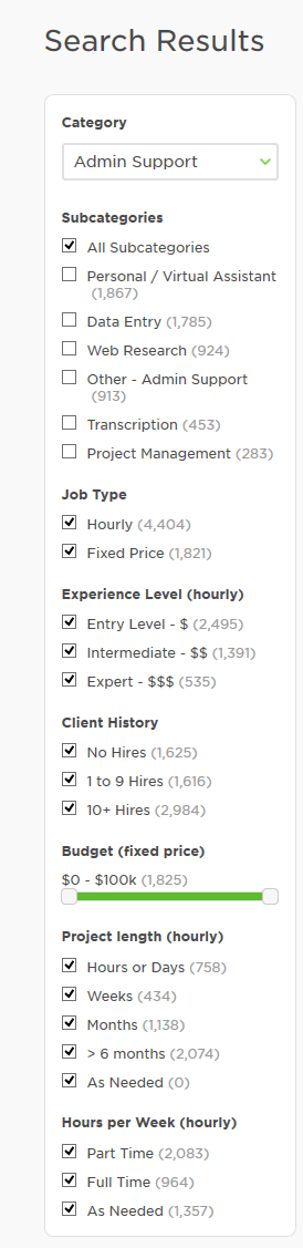 Upwork search filters