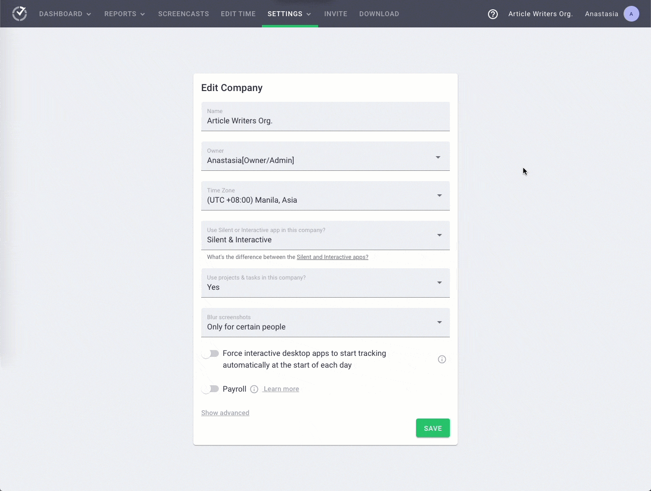 Time Doctor payroll settings