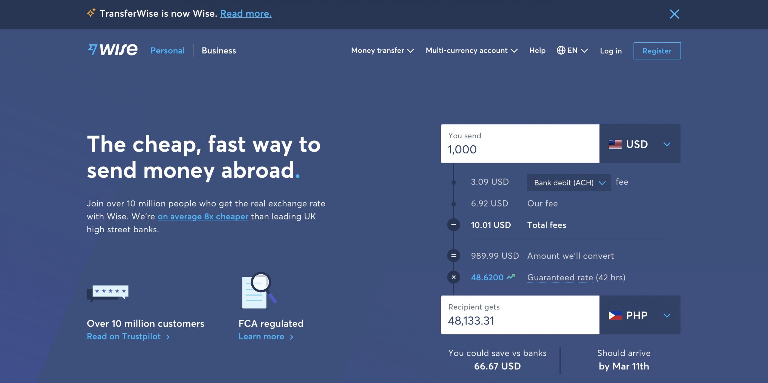 wise (formerly transferwise) homepage 2021