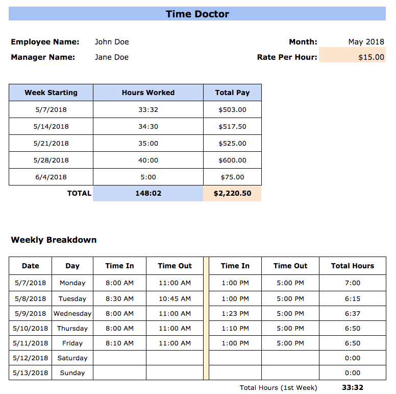 monthly timesheet template