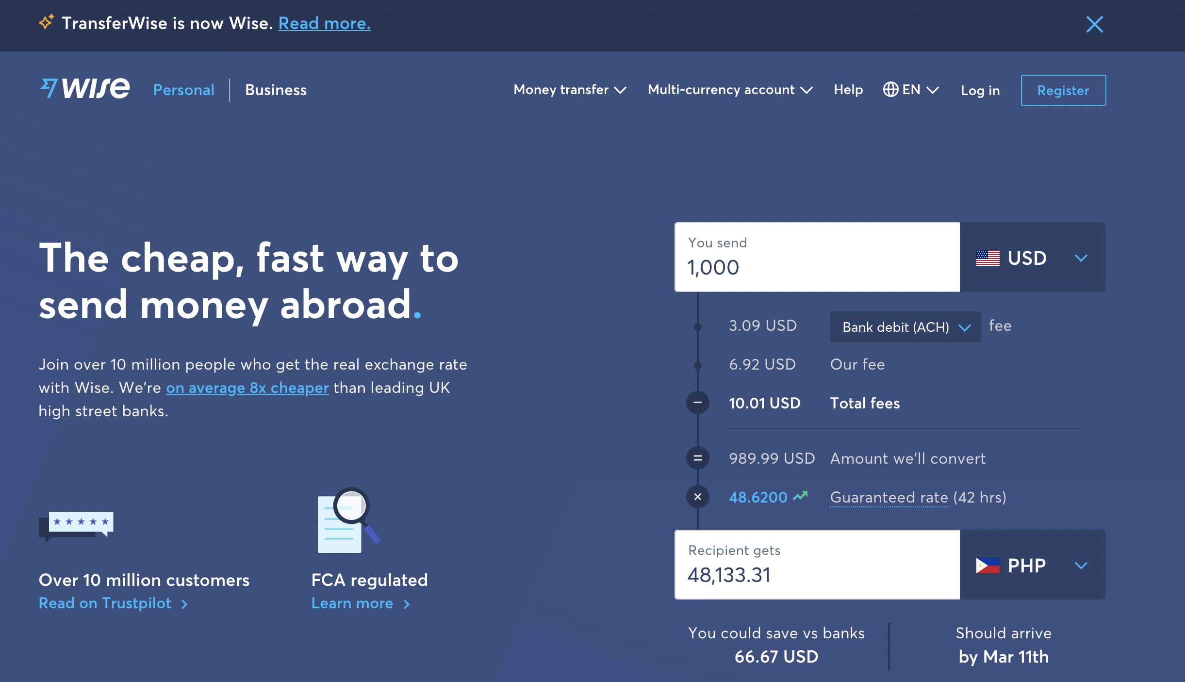 wise formerly transferwise homepage