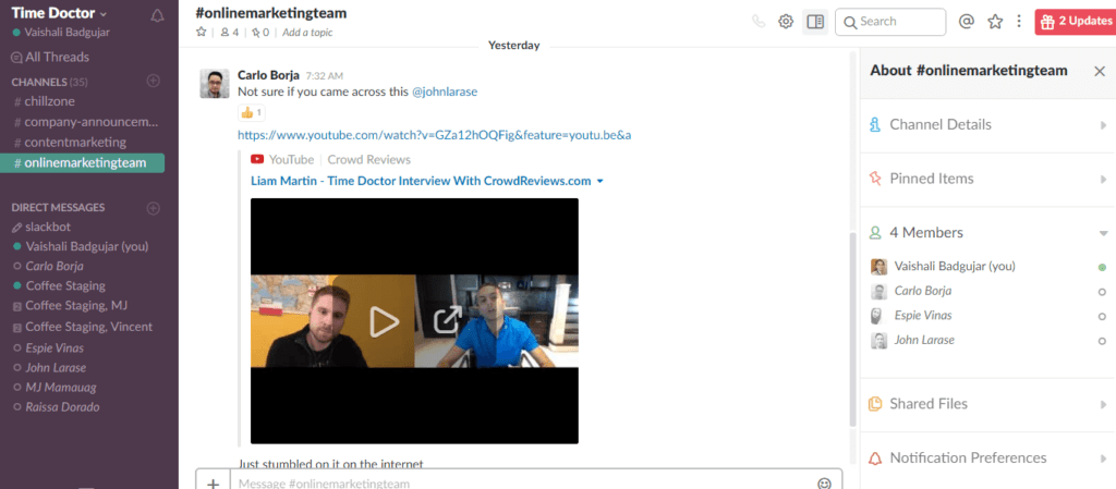 YouTube video on Slack