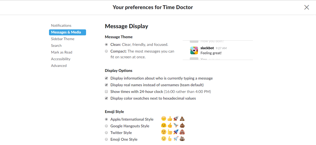 Messages and media preferences for Slack