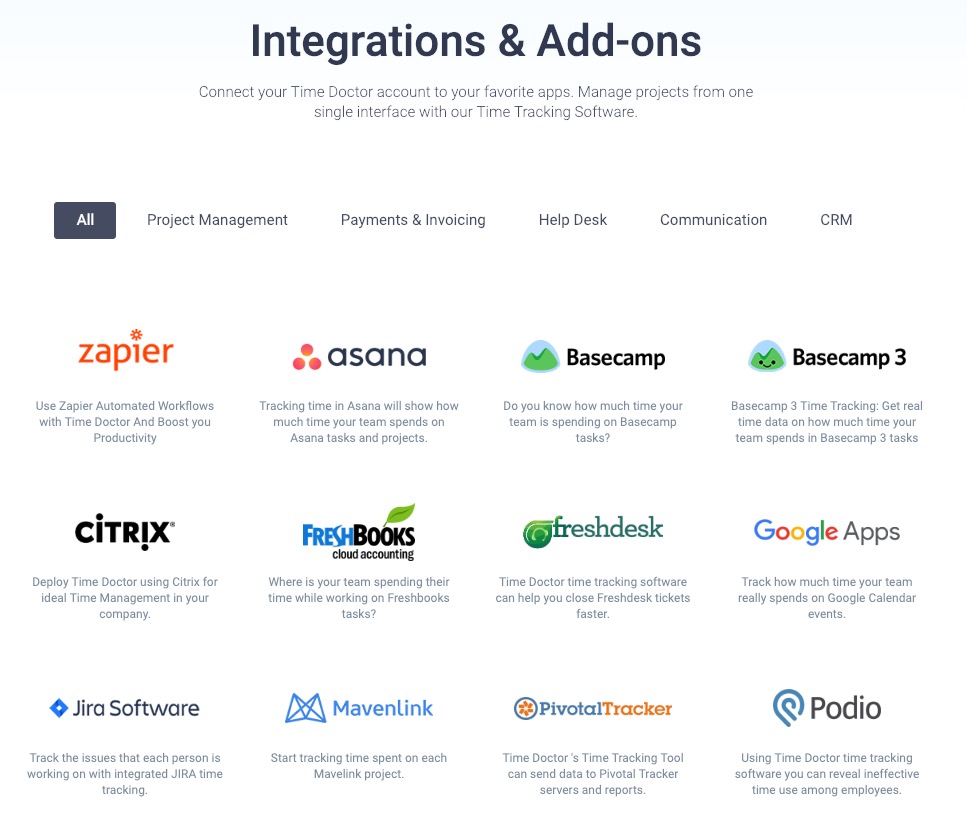 time doctor integrations and addons