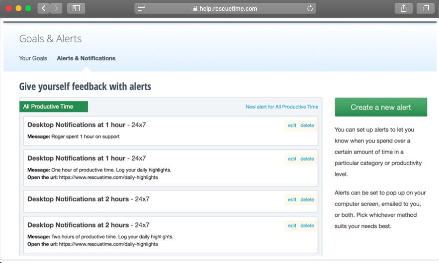 rescuetime alerts