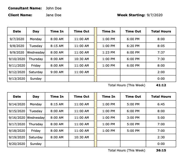 consultant bi-weekly timesheet template