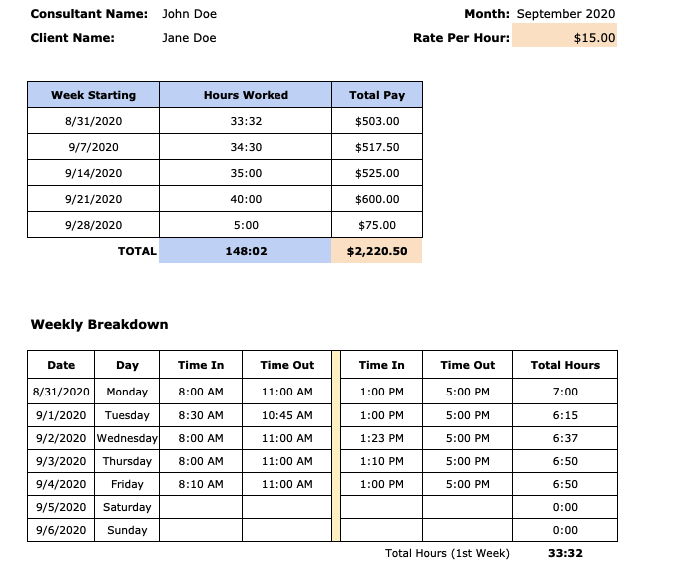 consultant monthly timesheet template