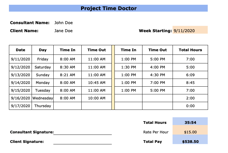 consultant weekly timesheet template