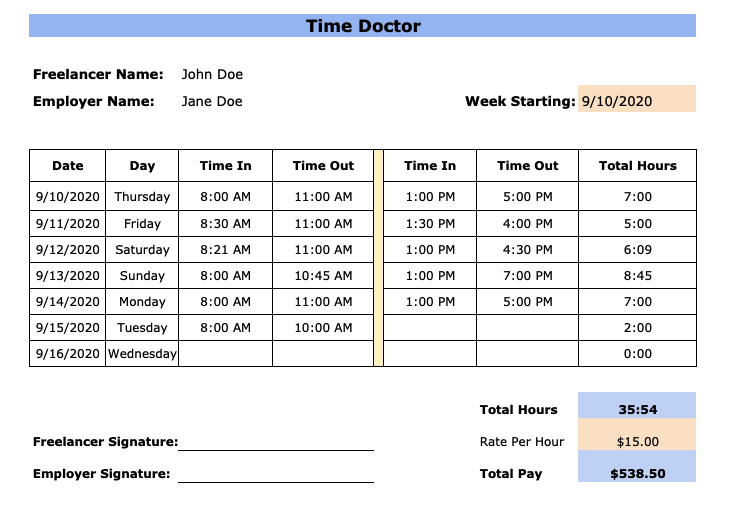 weekly timesheet template for freelancers