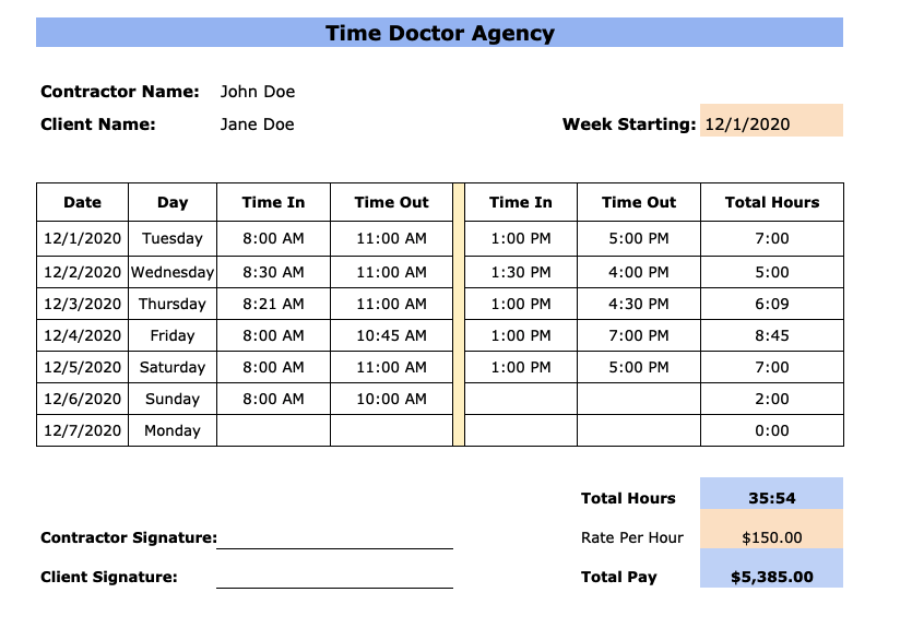 agency weekly timesheet template