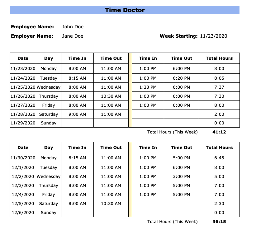 bi-weekly billing timesheet template