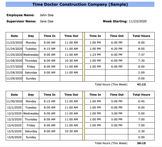 bi-weekly construction timesheet template