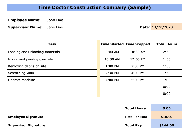 daily construction timesheet template