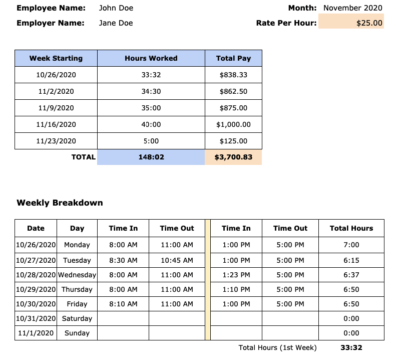 monthly billing timesheet template