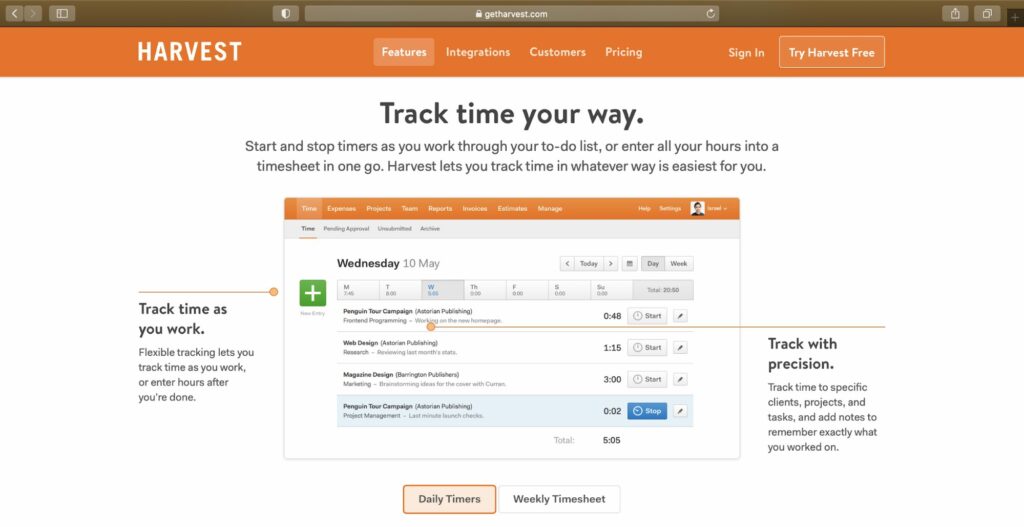 harvest time tracking feature