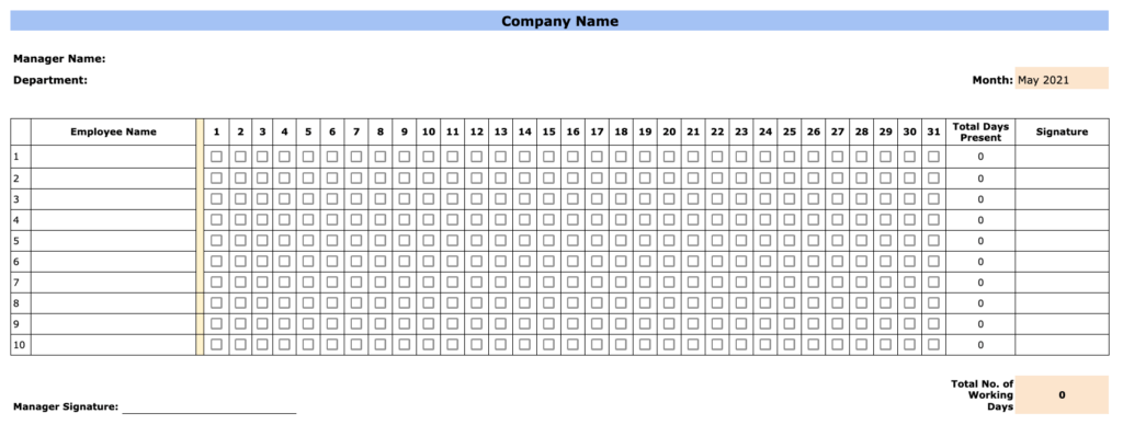 monthly employee attendance calendar