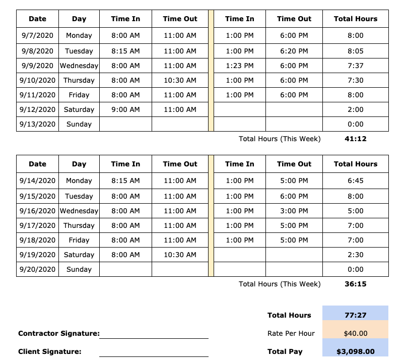 contractor bi-weekly timesheet