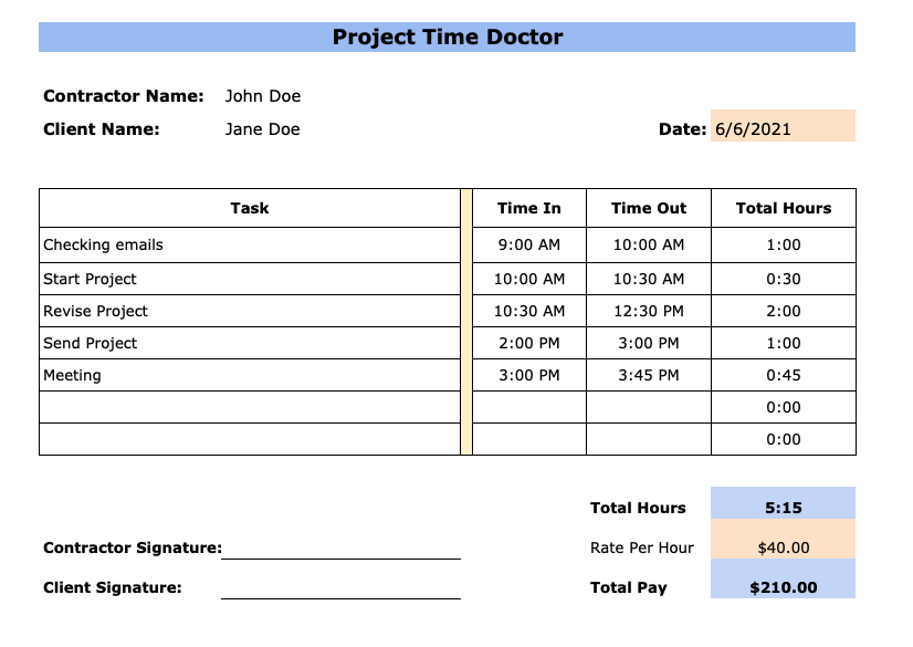 daily contractor timesheet template