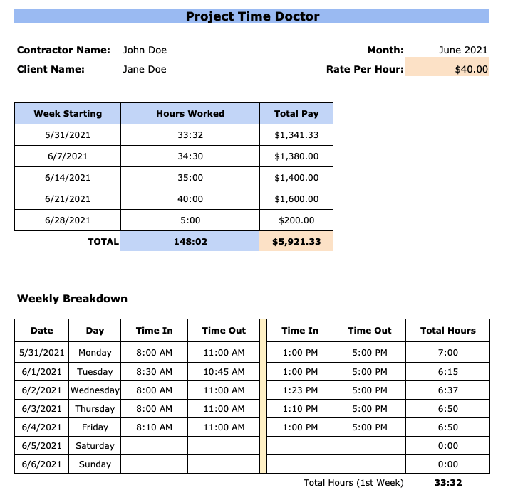 monthly contractor timesheet template