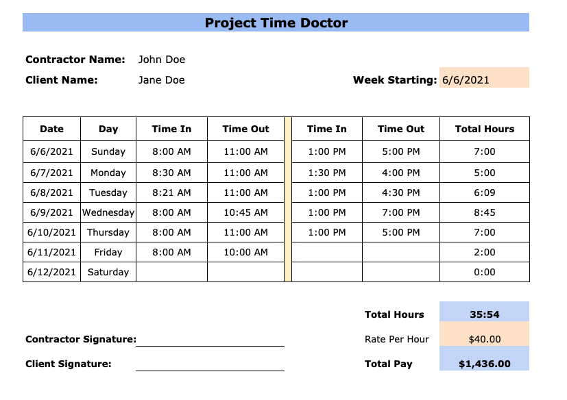 weekly contractor timesheet template