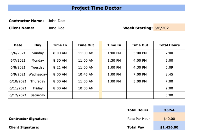 Contractor Timesheet Template