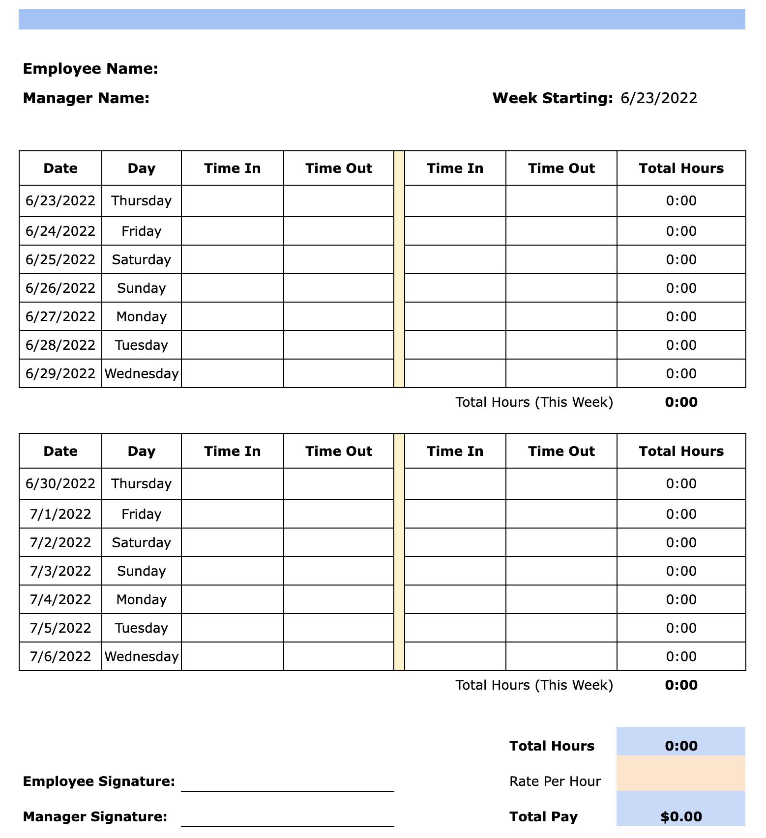 free bi-weekly timesheet template