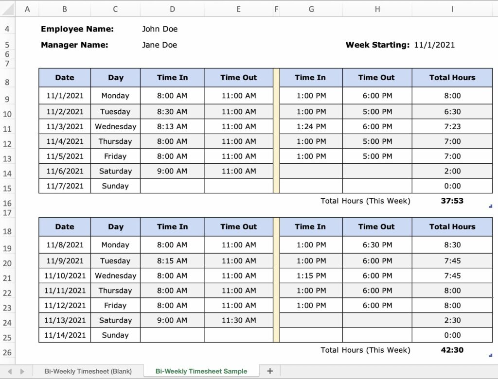 Bi-Weekly Timesheet Template - Excel