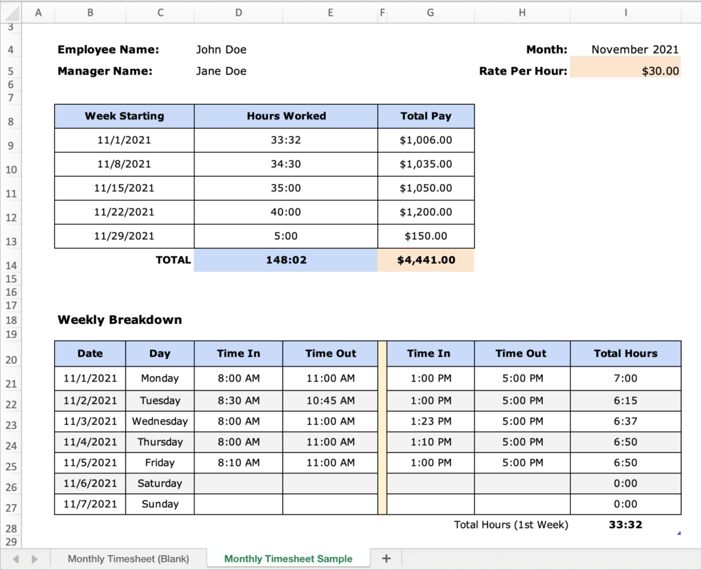Monthly Timesheet Template - Excel