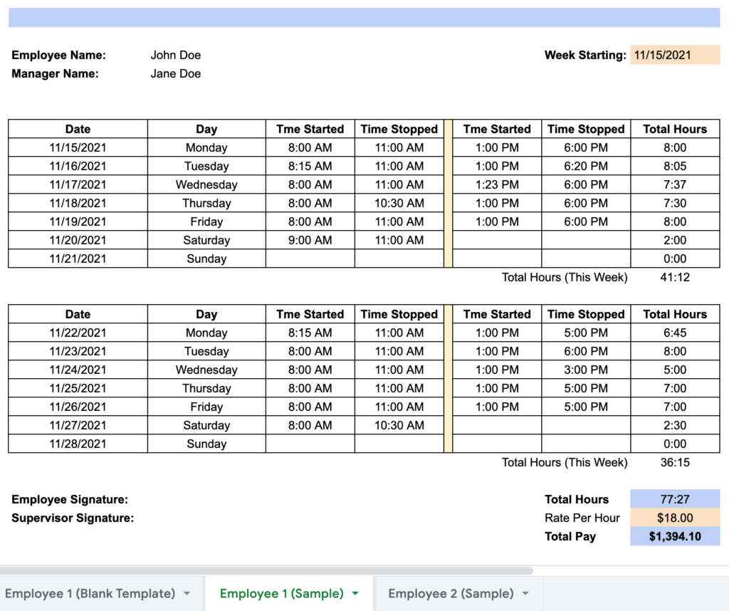 biweekly timesheet template multiple employees