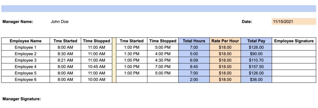 daily timesheet template multiple employees