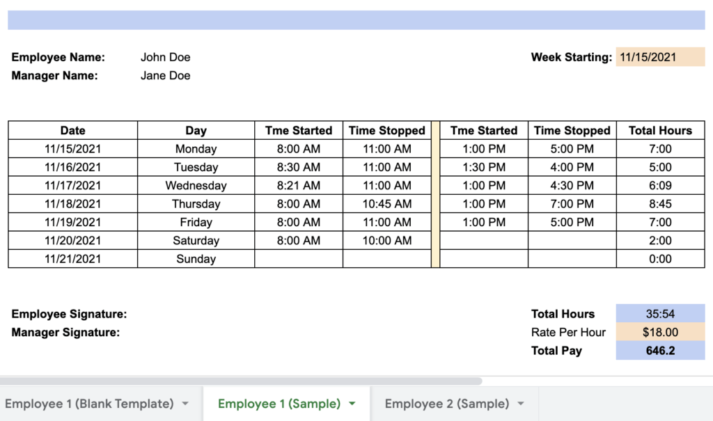 weekly timesheet template multiple employees