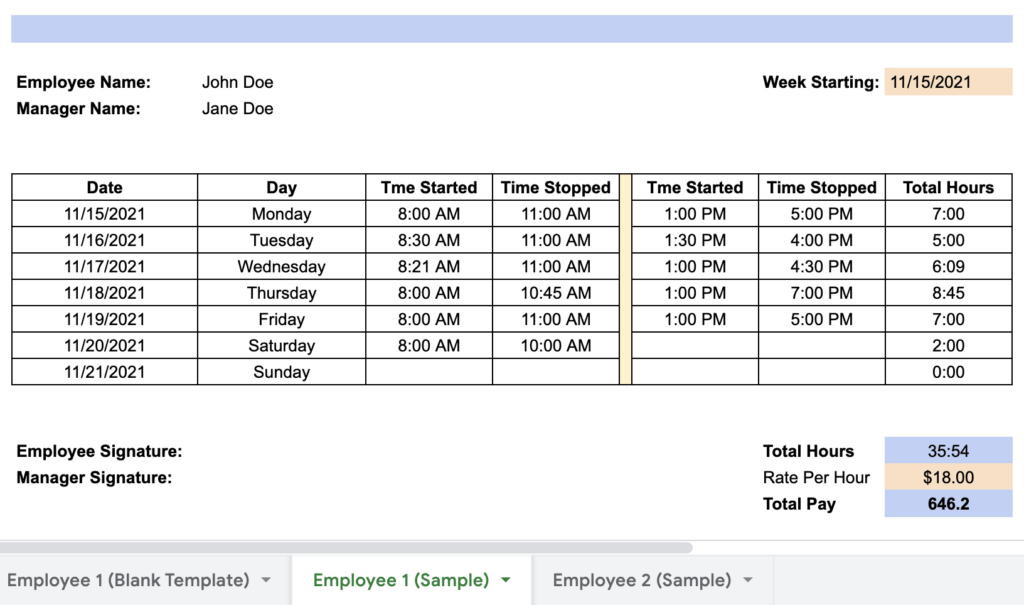 Multiple Shift Weekly Time Card Time Card