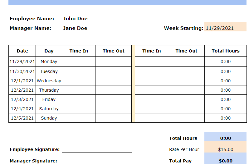 google sheet weekly time card template