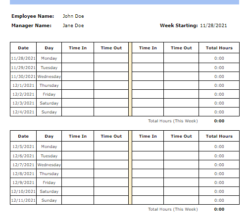 google sheets biweekly time card template