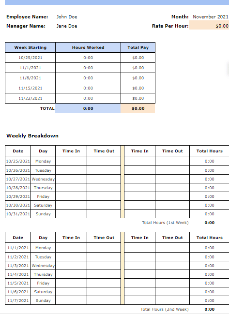 google sheets monthly time card template