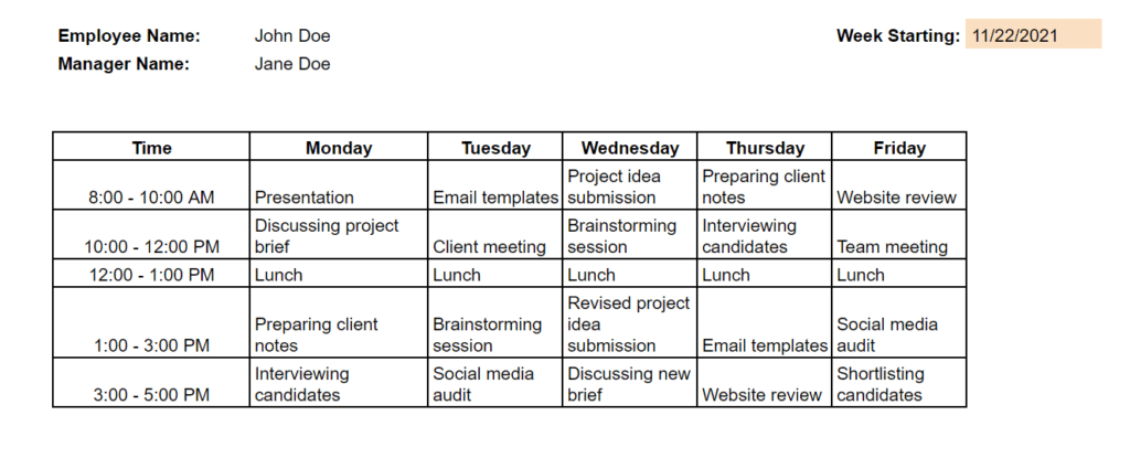monday-friday weekly schedule template
