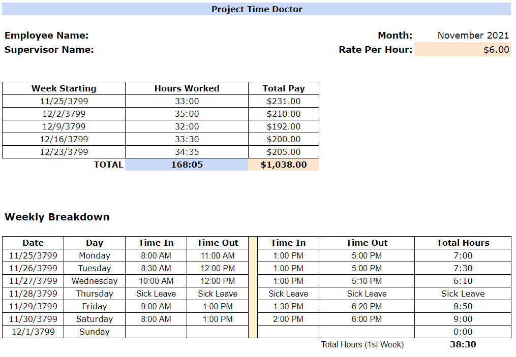 monthly project timesheet template