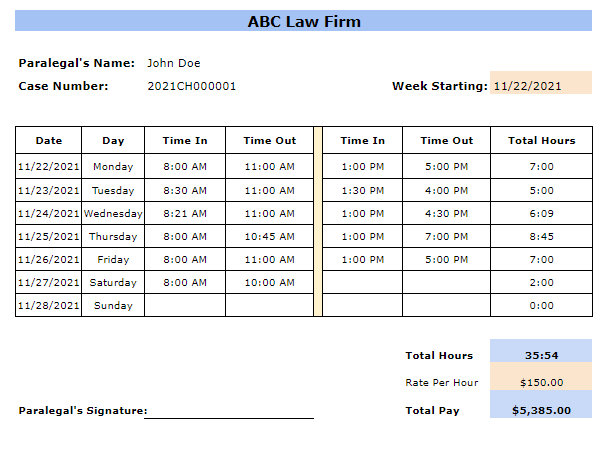 weekly paralegal timesheet template