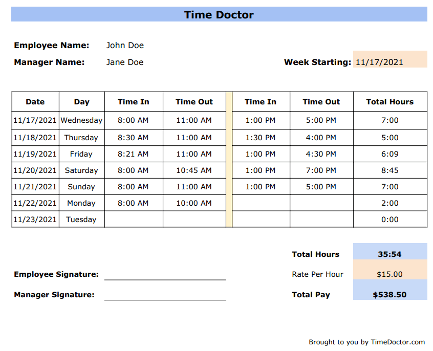 weekly payroll timesheet template