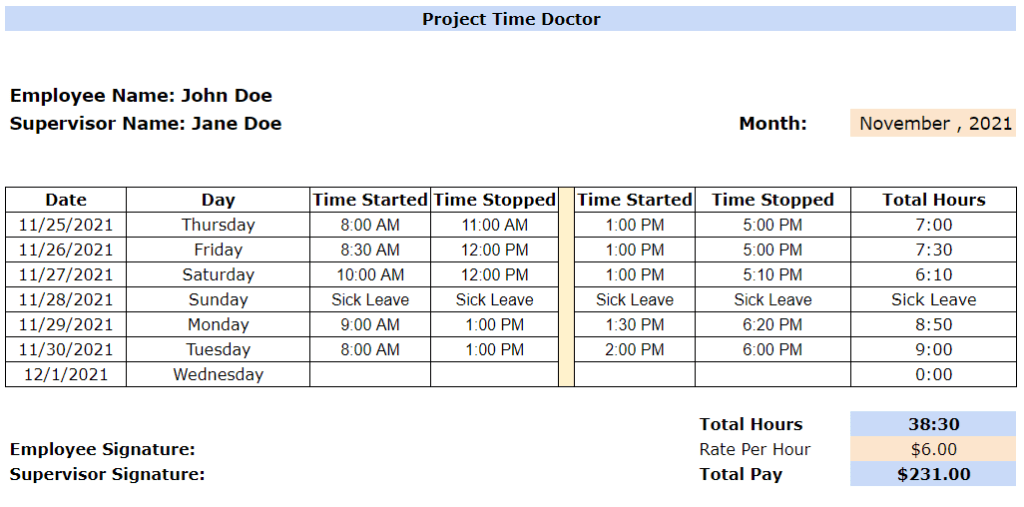 weekly project timesheet template