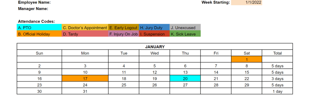 employee attendance calendar sample