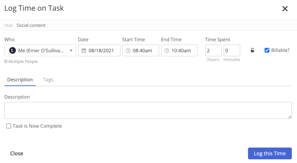 teamwork log time for individual tasks manually