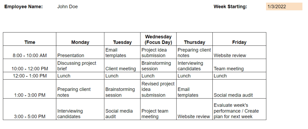 weekly work template