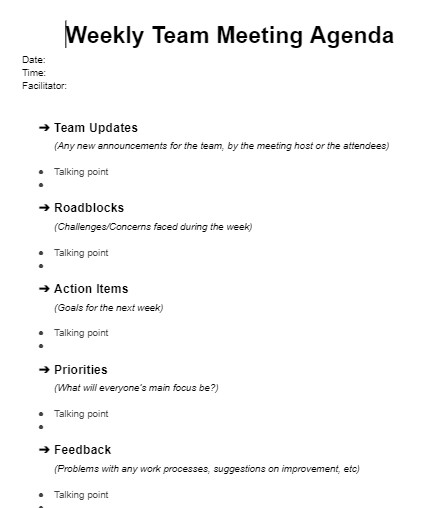 weekly team meeting agenda