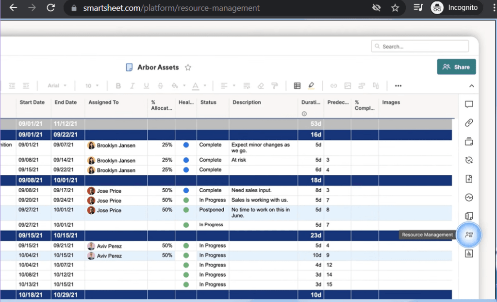 Resource Management icon in the Smartsheet feature bar