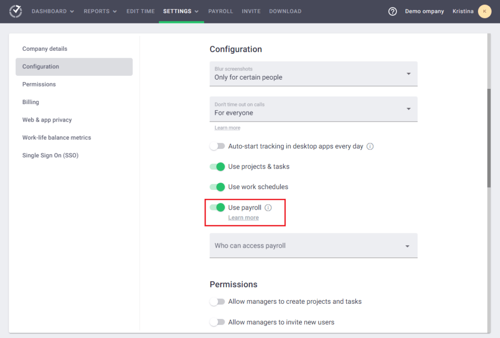 payroll configuration settings