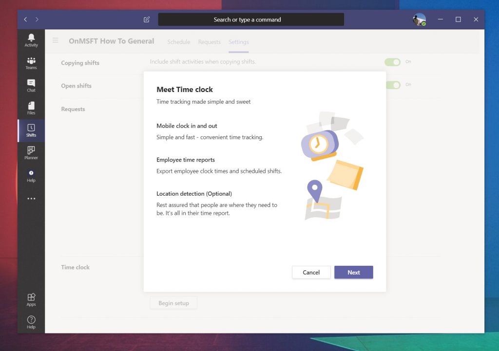 using time clock microsoft teams