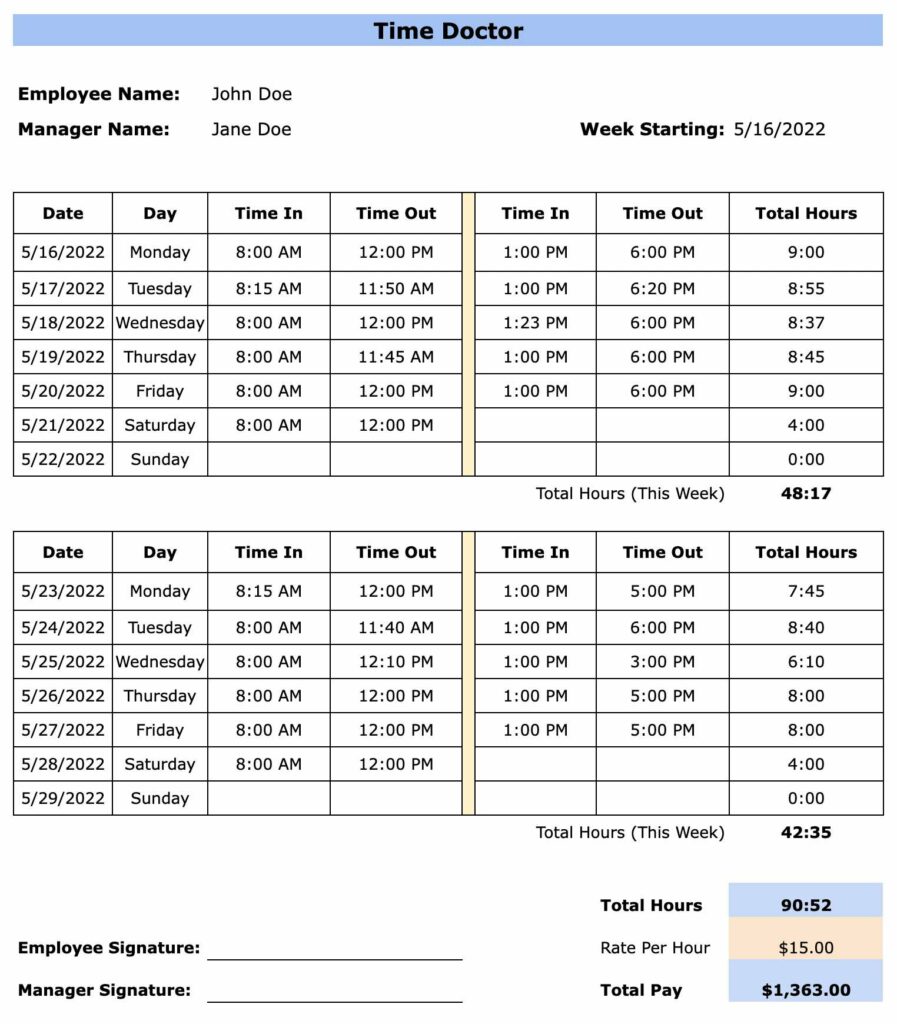 Bi-Weekly Software Development Timesheet Template