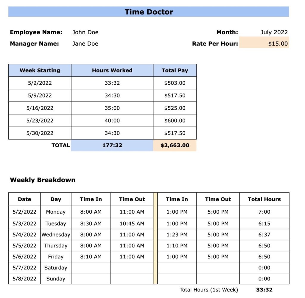monthly timesheet template sample