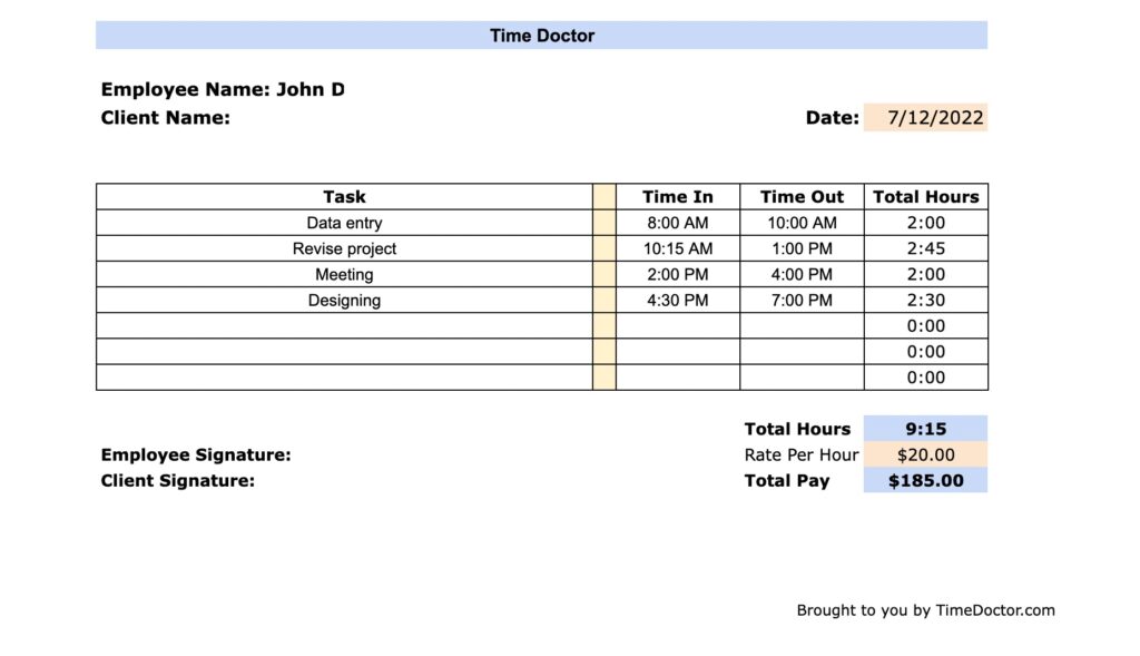 sample daily timesheet template
